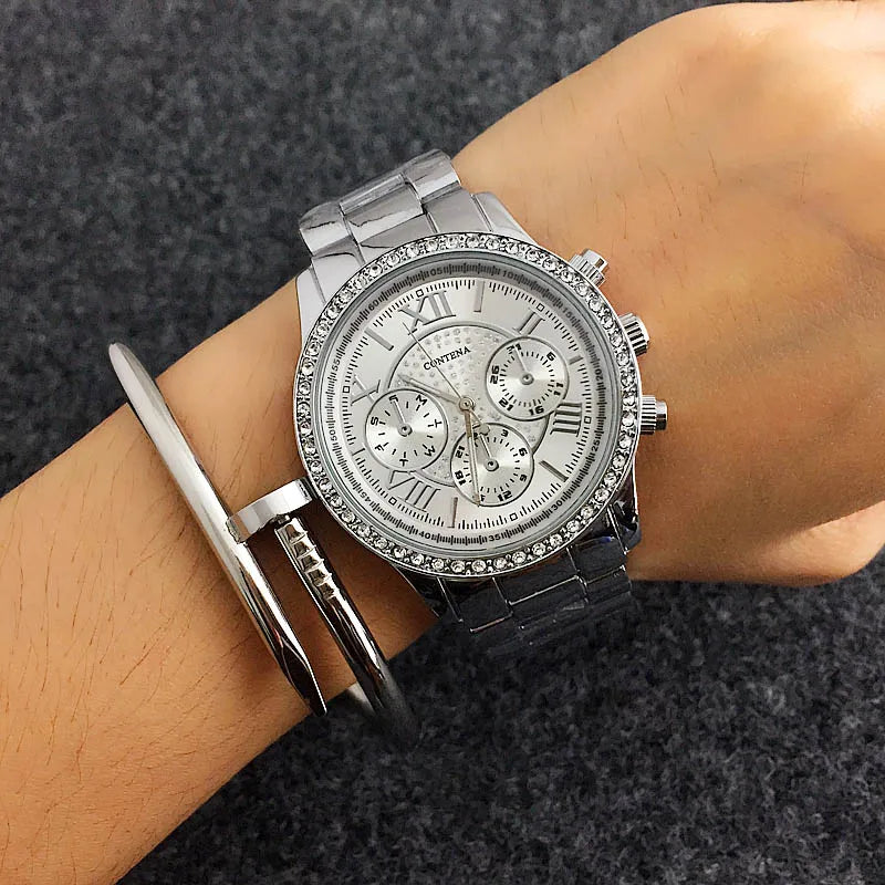 CONTENA Luxury Silver Women Watch Top Brand Women'S Watches Fashion Diamond Ladies Watch Stainless Steel Clock Zegarek Damski