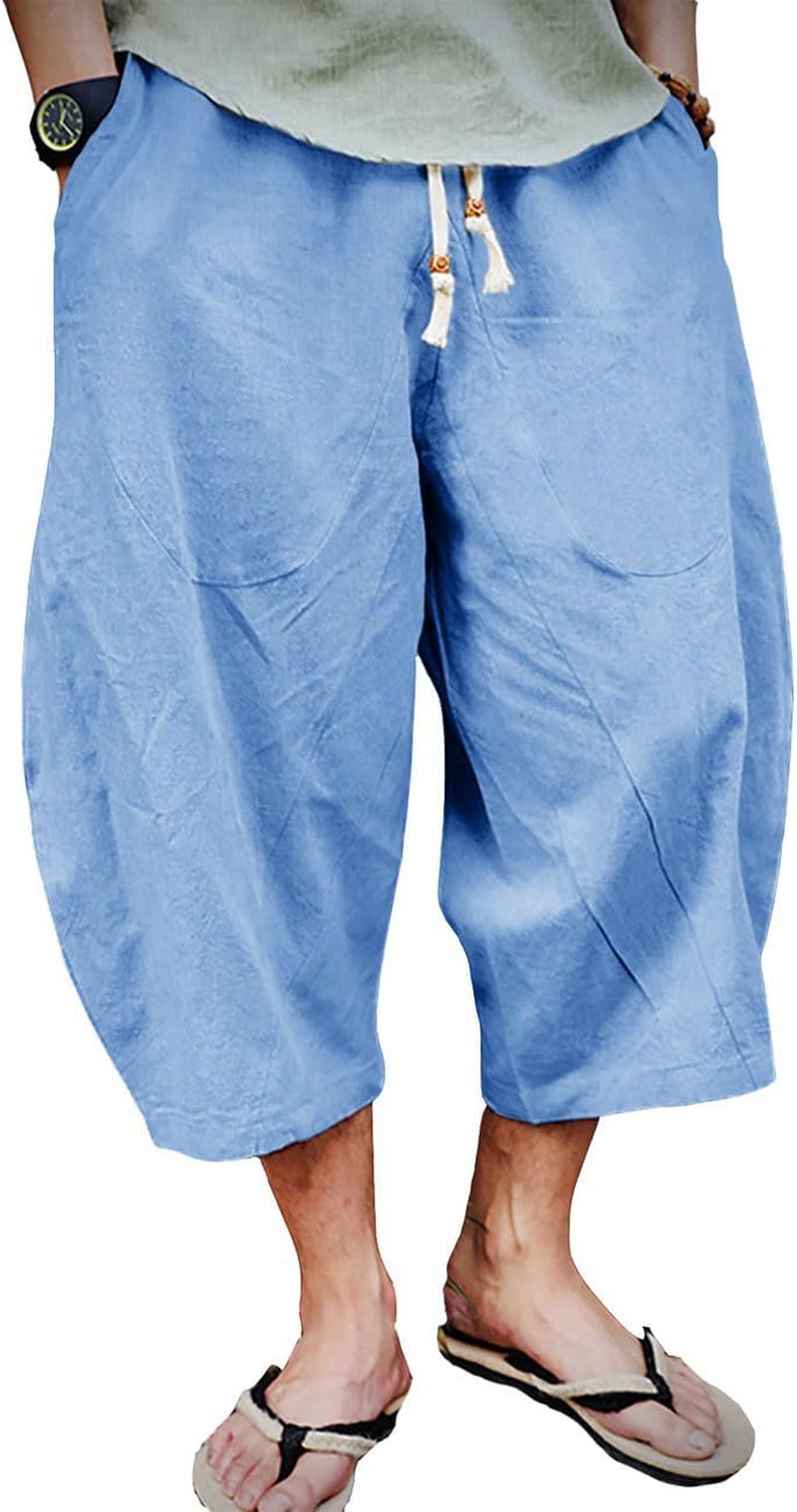 Mens Cotton Linen Capri Pants Light Loose 3/4 Long Shorts Elastic Waist Drawstring Harem Casual Beach Yoga Trousers