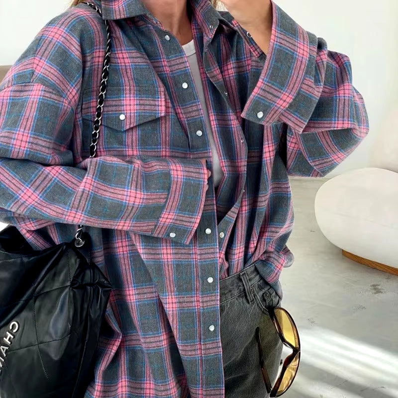 New Vintage Women Oversized Long Sleeve Plaid Shirt Blouse Tops Autumn Winter Button down Loose Lapel Pocket Shirt Korean Style