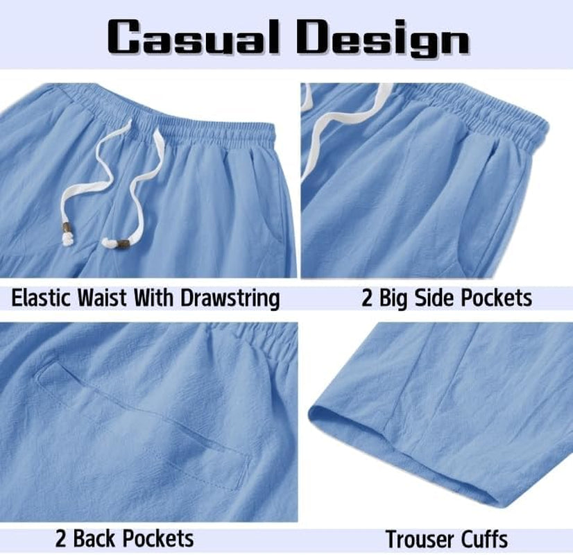 Mens Cotton Linen Capri Pants Light Loose 3/4 Long Shorts Elastic Waist Drawstring Harem Casual Beach Yoga Trousers